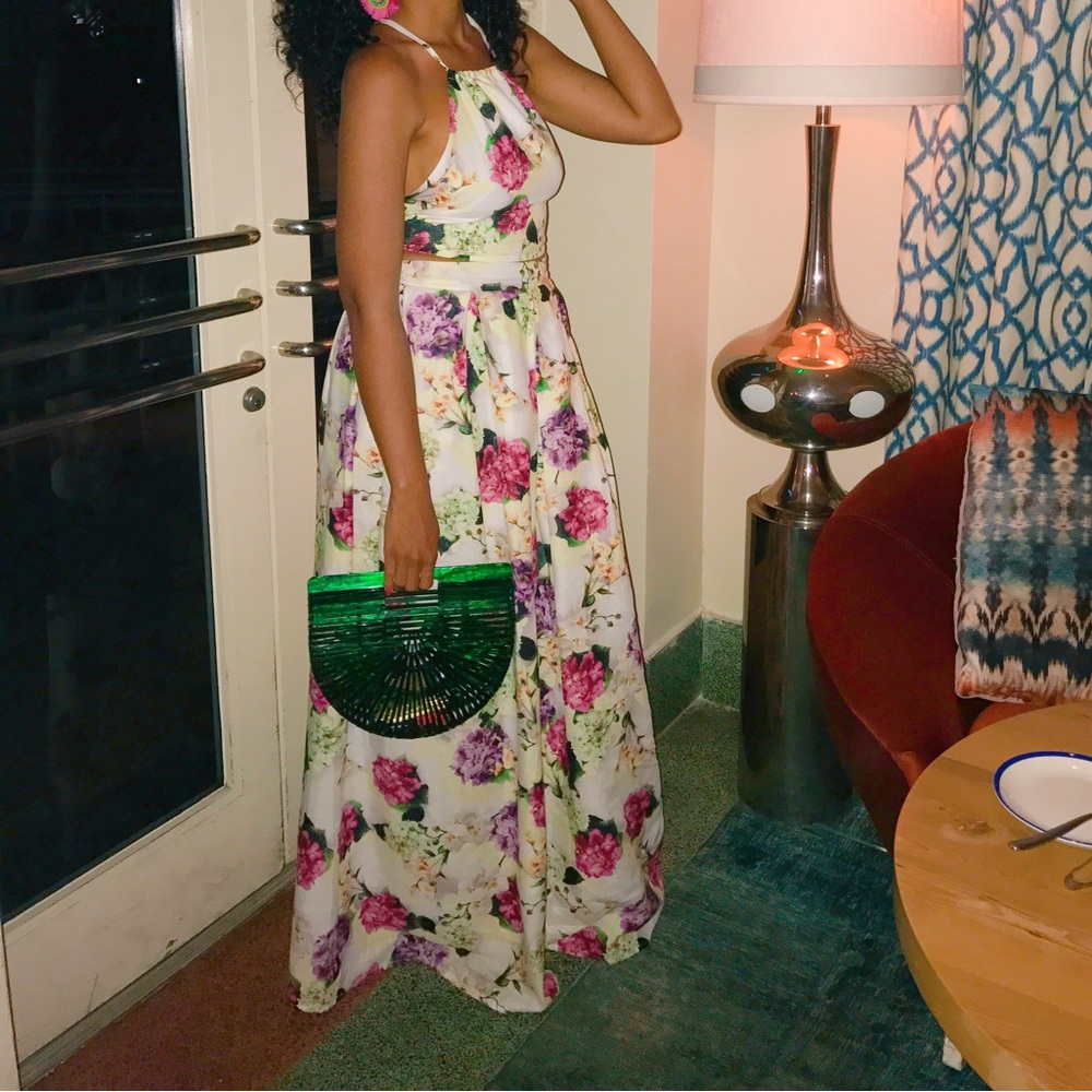 Hydrangea roses & orchid print floral skirt and lace up back crop top.